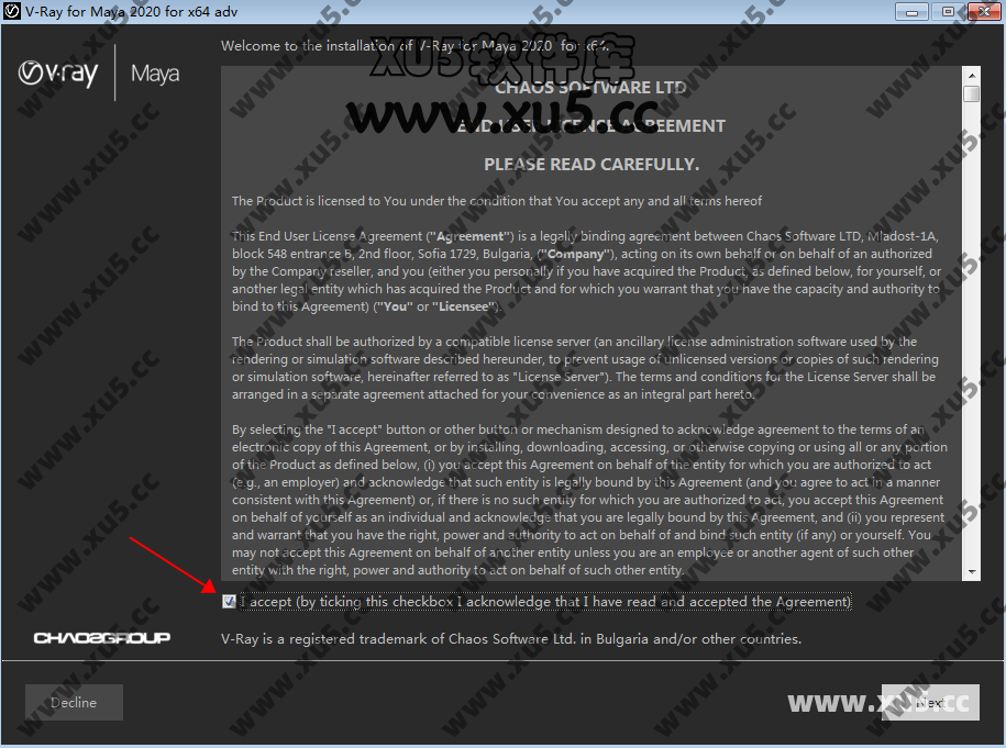 V-Ray V4.1 For Maya 许可协议界面
